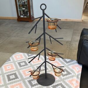 Black Metal Candle Holder Tree with Amber Glass Cups